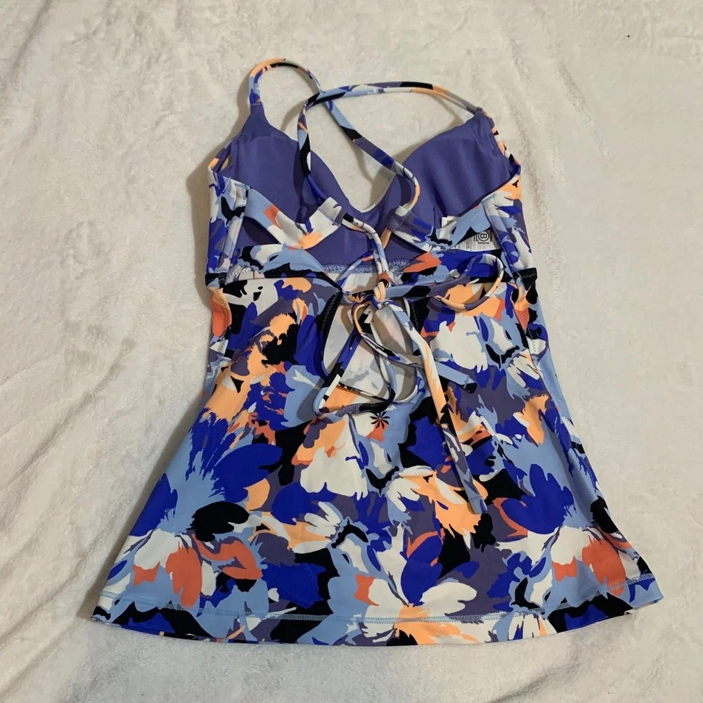 Athleta Floral Print Tankini Swim Top Size XS Blue Orange White‎ Crisscross Back